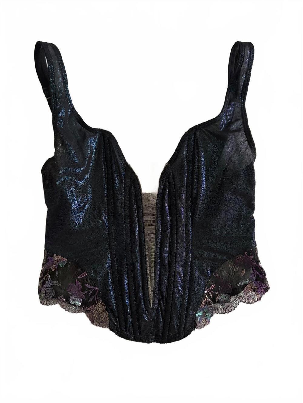 Savage X Fenty Black Sheer Iridescent Mesh Lace Corset Small #sexy #rave #witchy